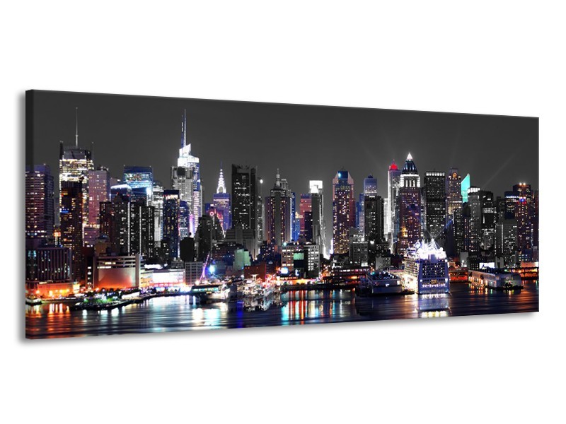 Canvas Schilderij Skyline, Steden | Grijs, Zwart, Paars | 145x58cm 1Luik