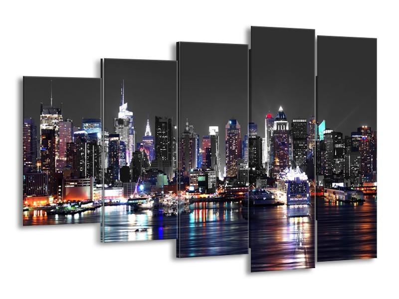 Canvas Schilderij Skyline, Steden | Grijs, Zwart, Paars | 150x100cm 5Luik