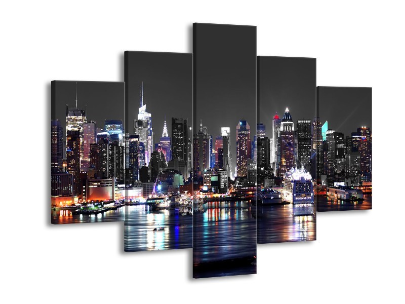 Canvas Schilderij Skyline, Steden | Grijs, Zwart, Paars | 150x105cm 5Luik