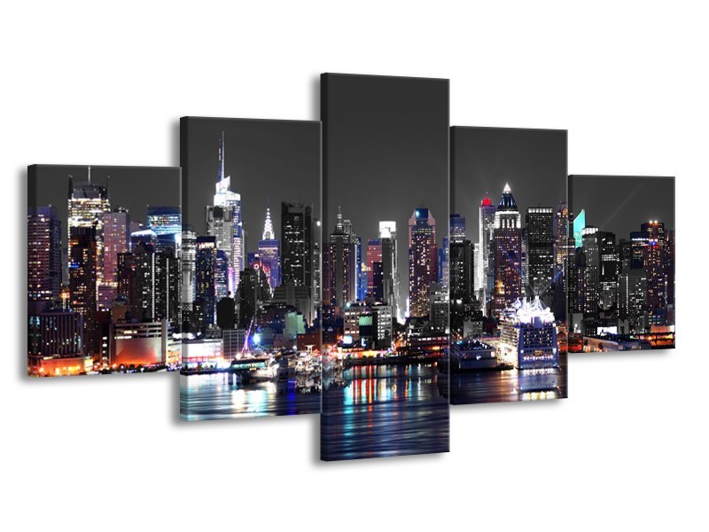 Canvas Schilderij Skyline, Steden | Grijs, Zwart, Paars | 150x80cm 5Luik