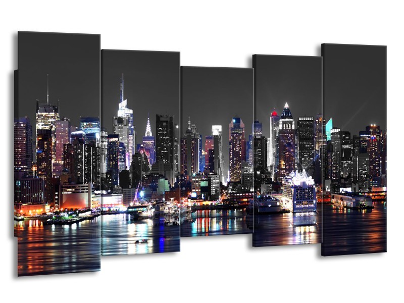 Canvas Schilderij Skyline, Steden | Grijs, Zwart, Paars | 150x80cm 5Luik