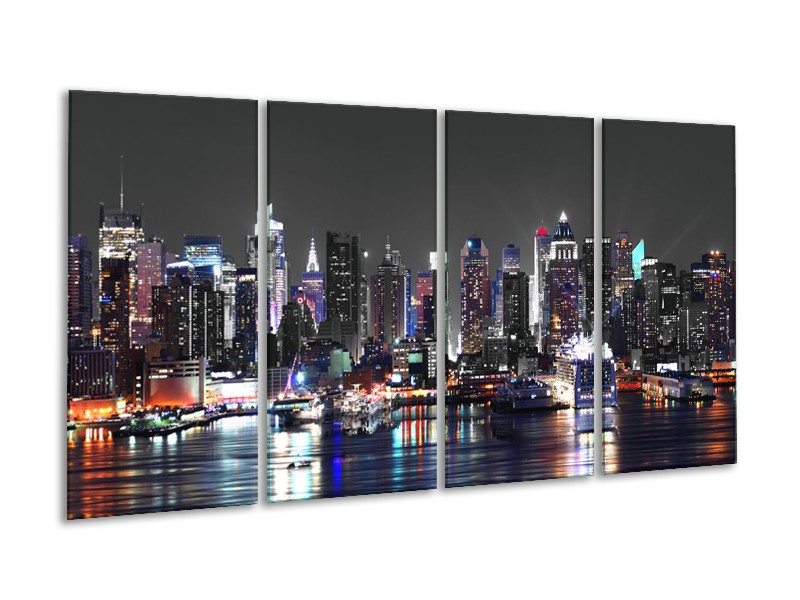 Glasschilderij Skyline, Steden | Grijs, Zwart, Paars | 160x80cm 4Luik