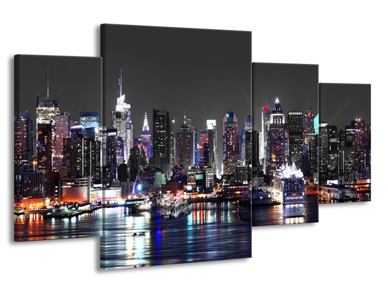 Canvas Schilderij Skyline, Steden | Grijs, Zwart, Paars | 160x90cm 4Luik