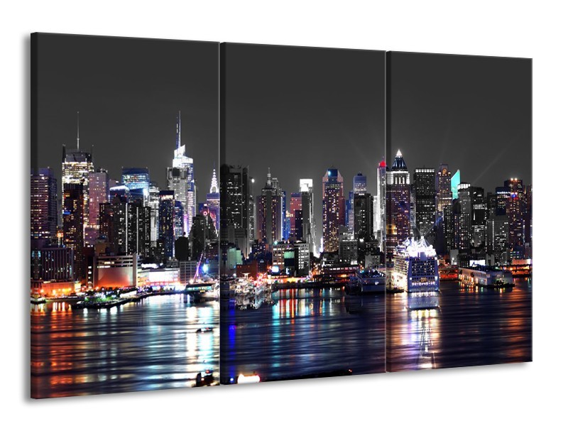 Canvas Schilderij Skyline, Steden | Grijs, Zwart, Paars | 165x100cm 3Luik