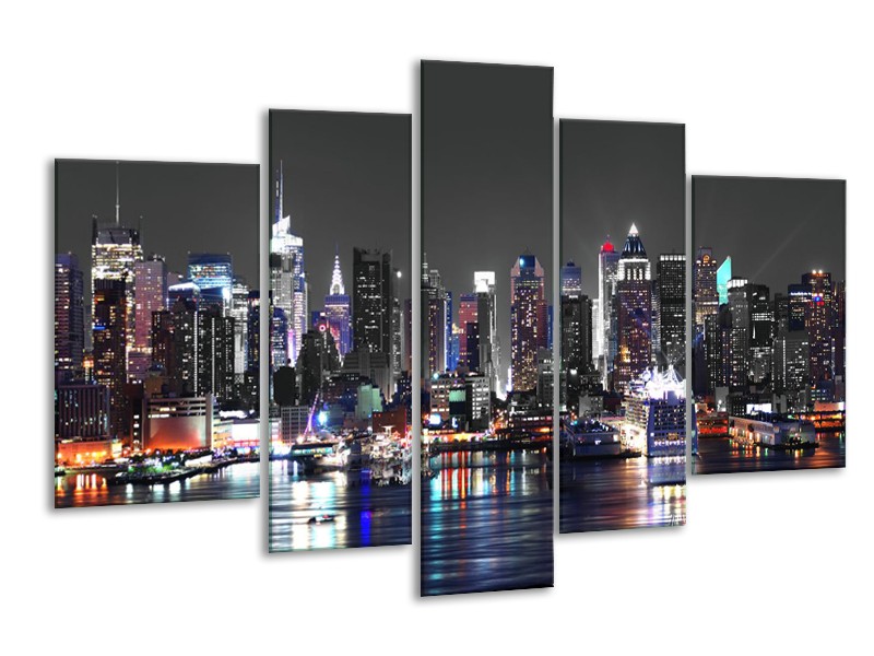 Canvas Schilderij Skyline, Steden | Grijs, Zwart, Paars | 170x100cm 5Luik