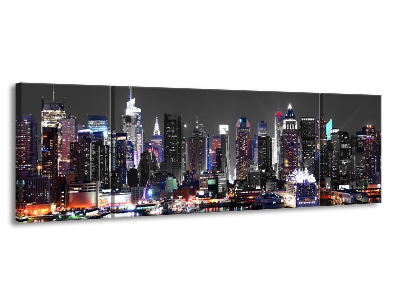 Canvas Schilderij Skyline, Steden | Grijs, Zwart, Paars | 170x50cm 3Luik