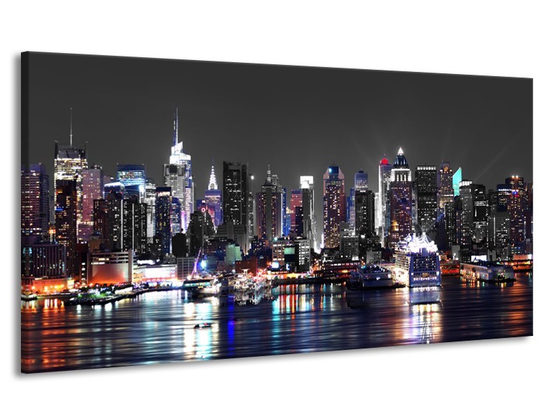 Canvas Schilderij Skyline, Steden | Grijs, Zwart, Paars | 170x90cm 1Luik