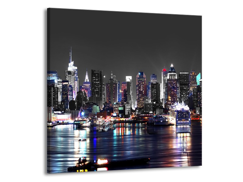 Canvas Schilderij Skyline, Steden | Grijs, Zwart, Paars | 70x70cm 1Luik