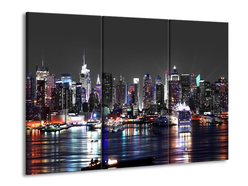 Canvas Schilderij Skyline, Steden | Grijs, Zwart, Paars | 60x90cm 3Luik