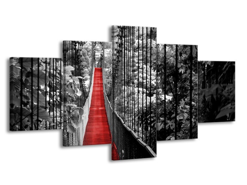 Canvas Schilderij Natuur, Brug | Zwart, Wit, Rood | 150x80cm 5Luik