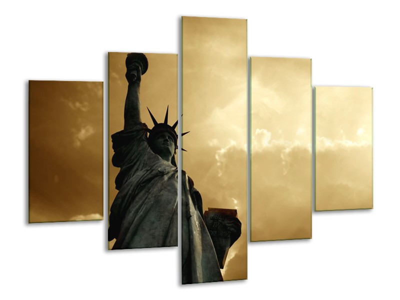 Canvas Schilderij Vrijheidsbeeld, New York | Grijs, Geel, Bruin | 100x70cm 5Luik