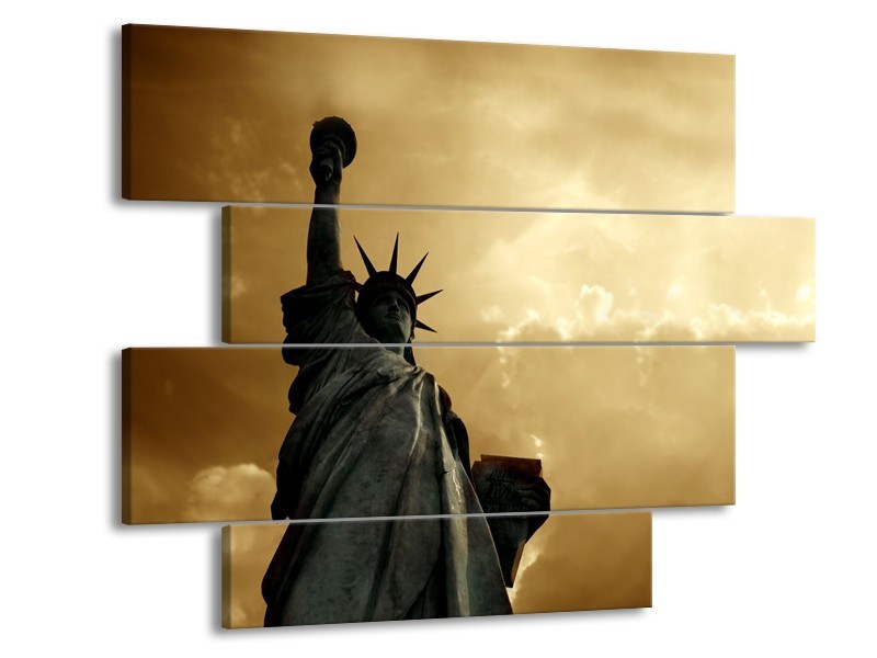 Canvas Schilderij Vrijheidsbeeld, New York | Grijs, Geel, Bruin | 115x85cm 4Luik
