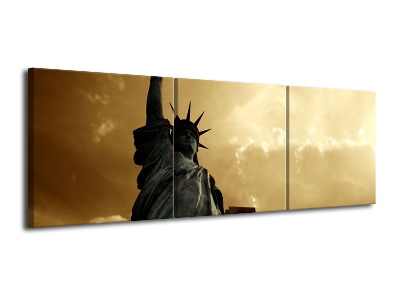 Glasschilderij Vrijheidsbeeld, New York | Grijs, Geel, Bruin | 120x40cm 3Luik
