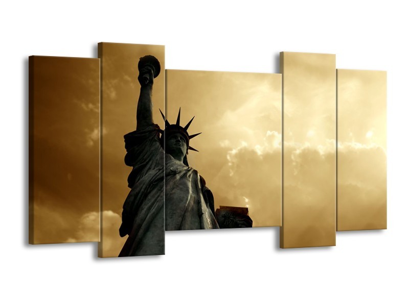 Canvas Schilderij Vrijheidsbeeld, New York | Grijs, Geel, Bruin | 120x65cm 5Luik