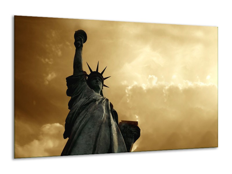 Glasschilderij Vrijheidsbeeld, New York | Grijs, Geel, Bruin | 120x70cm 1Luik
