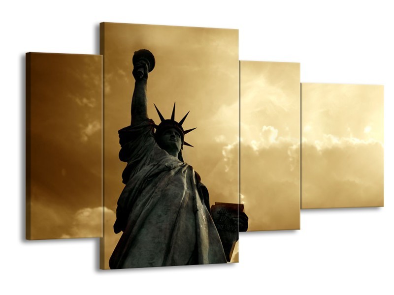 Glasschilderij Vrijheidsbeeld, New York | Grijs, Geel, Bruin | 120x75cm 4Luik