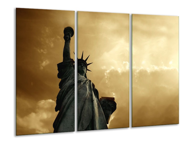 Canvas Schilderij Vrijheidsbeeld, New York | Grijs, Geel, Bruin | 120x80cm 3Luik
