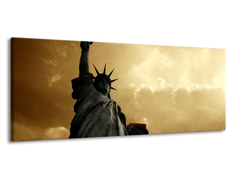 Canvas Schilderij Vrijheidsbeeld, New York | Grijs, Geel, Bruin | 145x58cm 1Luik