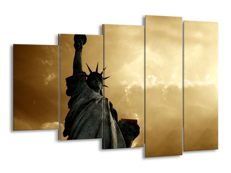 Glasschilderij Vrijheidsbeeld, New York | Grijs, Geel, Bruin | 150x100cm 5Luik