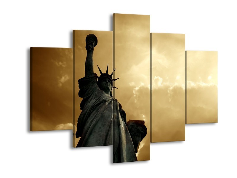 Canvas Schilderij Vrijheidsbeeld, New York | Grijs, Geel, Bruin | 150x105cm 5Luik
