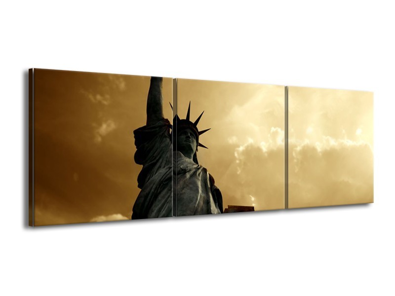 Glasschilderij Vrijheidsbeeld, New York | Grijs, Geel, Bruin | 150x50cm 3Luik