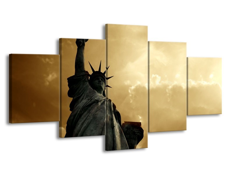 Glasschilderij Vrijheidsbeeld, New York | Grijs, Geel, Bruin | 150x80cm 5Luik