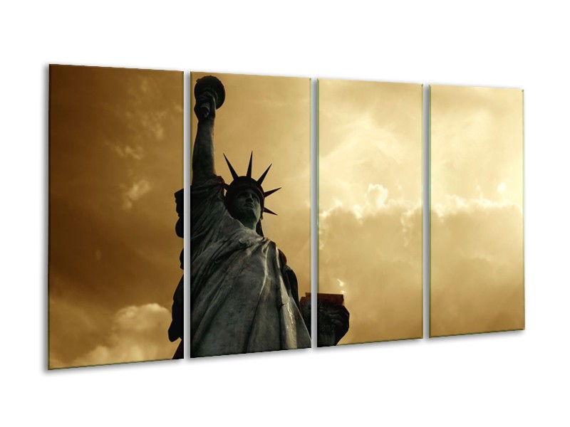 Canvas Schilderij Vrijheidsbeeld, New York | Grijs, Geel, Bruin | 160x80cm 4Luik