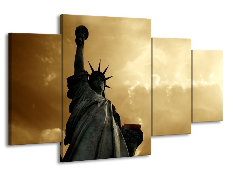 Canvas Schilderij Vrijheidsbeeld, New York | Grijs, Geel, Bruin | 160x90cm 4Luik