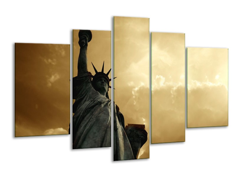 Canvas Schilderij Vrijheidsbeeld, New York | Grijs, Geel, Bruin | 170x100cm 5Luik