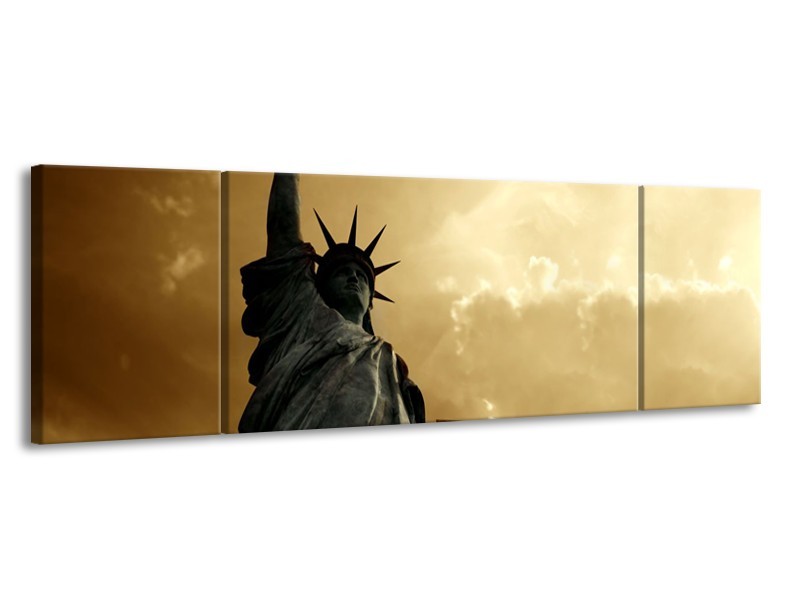 Glasschilderij Vrijheidsbeeld, New York | Grijs, Geel, Bruin | 170x50cm 3Luik