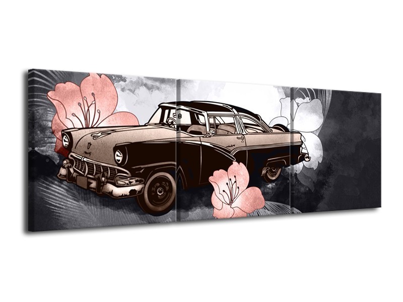 Canvas Schilderij Oldtimer, Auto | Grijs | 120x40cm 3Luik