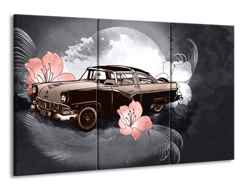 Canvas Schilderij Oldtimer, Auto | Grijs | 165x100cm 3Luik