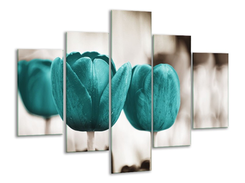 Glasschilderij Tulpen, Bloemen | Turquoise, Sepia | 100x70cm 5Luik