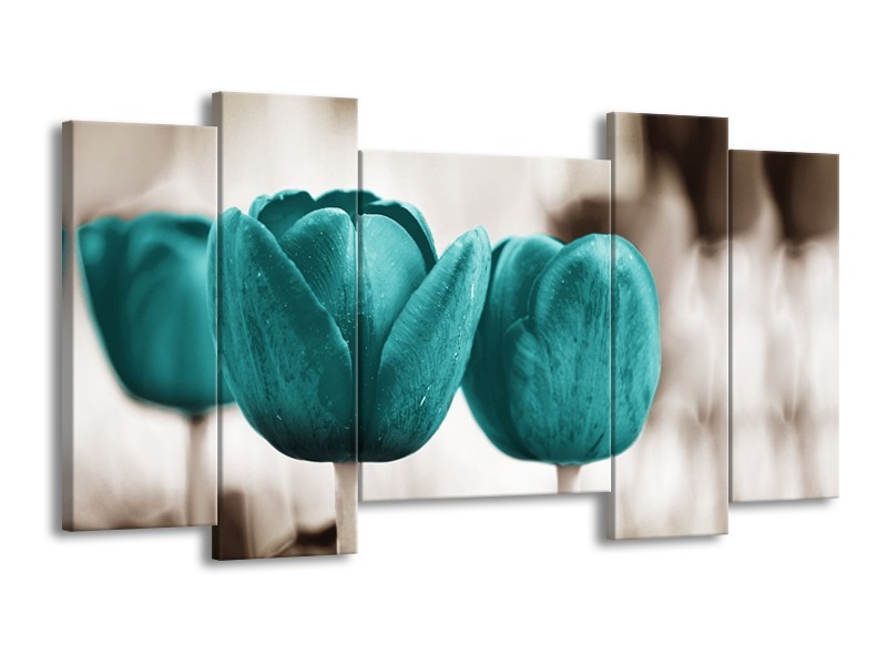Glasschilderij Tulpen, Bloemen | Turquoise, Sepia | 120x65cm 5Luik