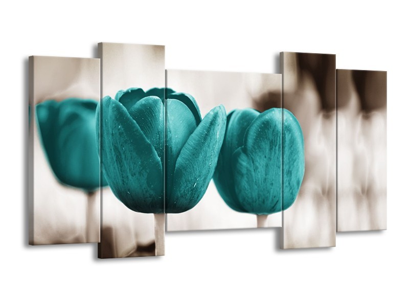 Canvas Schilderij Tulpen, Bloemen | Turquoise, Sepia | 120x65cm 5Luik