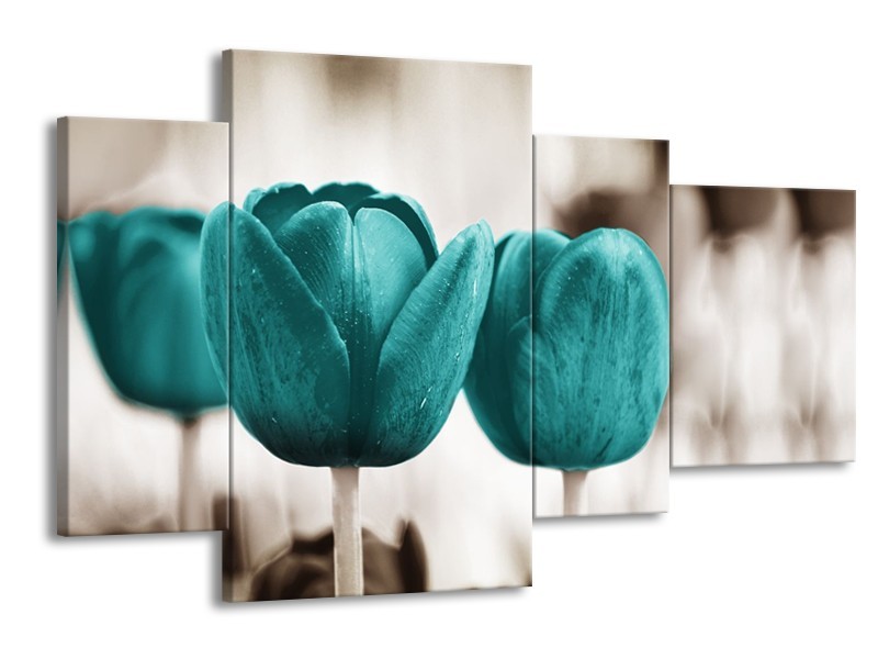Canvas Schilderij Tulpen, Bloemen | Turquoise, Sepia | 120x75cm 4Luik