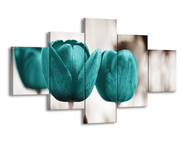 Canvas Schilderij Tulpen, Bloemen | Turquoise, Sepia | 125x70cm 5Luik