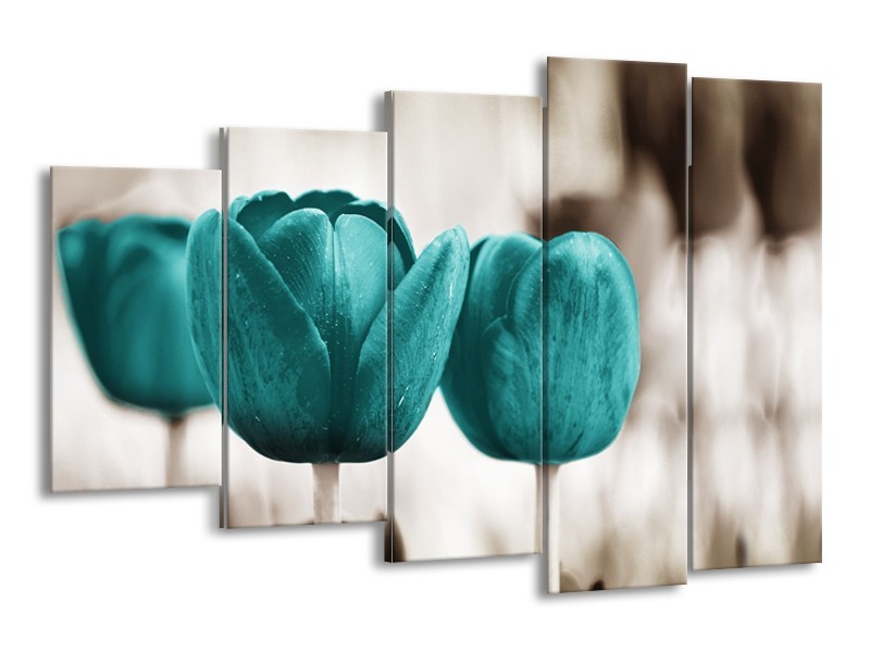 Canvas Schilderij Tulpen, Bloemen | Turquoise, Sepia | 150x100cm 5Luik