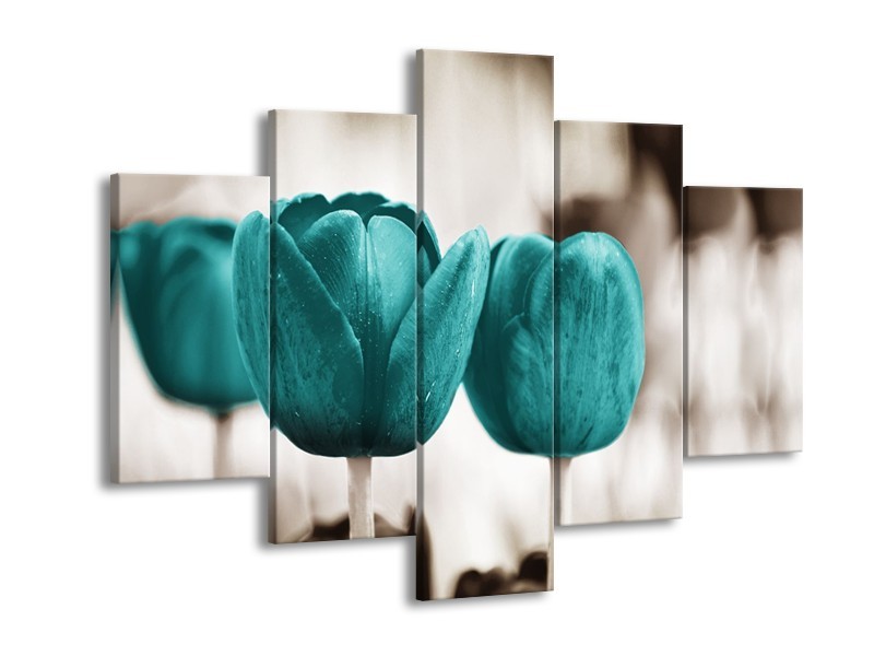 Glasschilderij Tulpen, Bloemen | Turquoise, Sepia | 150x105cm 5Luik