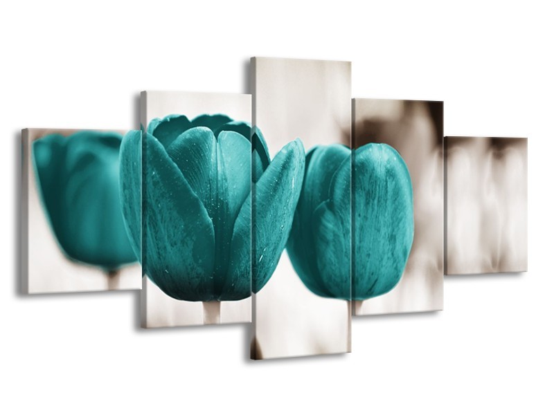 Glasschilderij Tulpen, Bloemen | Turquoise, Sepia | 150x80cm 5Luik