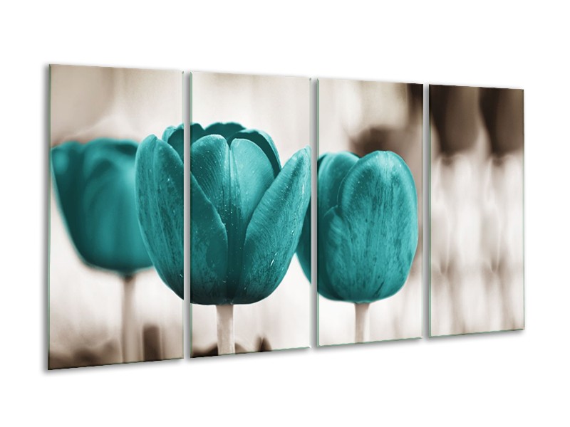 Canvas Schilderij Tulpen, Bloemen | Turquoise, Sepia | 160x80cm 4Luik