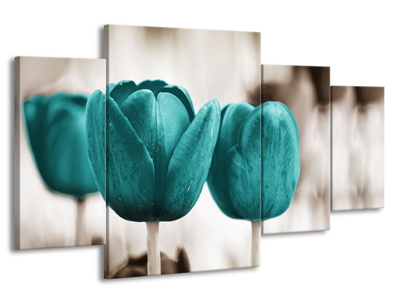 Canvas Schilderij Tulpen, Bloemen | Turquoise, Sepia | 160x90cm 4Luik