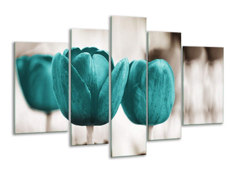 Glasschilderij Tulpen, Bloemen | Turquoise, Sepia | 170x100cm 5Luik