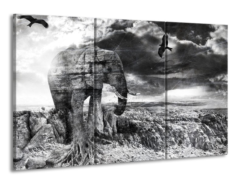 Canvas Schilderij Modern, Olifant | Zwart, Wit, Grijs | 165x100cm 3Luik