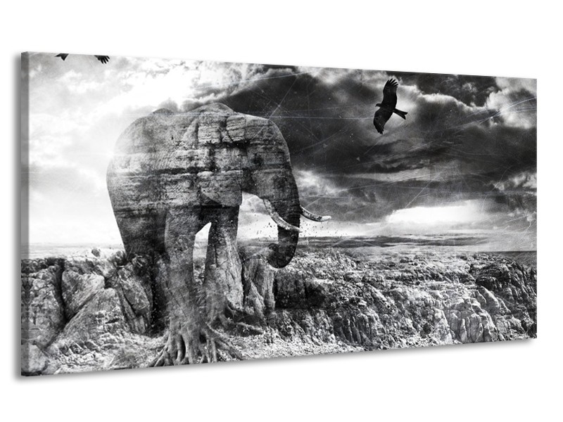 Canvas Schilderij Modern, Olifant | Zwart, Wit, Grijs | 170x90cm 1Luik