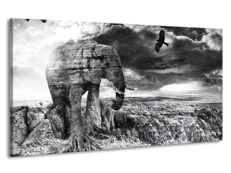 Canvas Schilderij Modern, Olifant | Zwart, Wit, Grijs | 190x100cm 1Luik