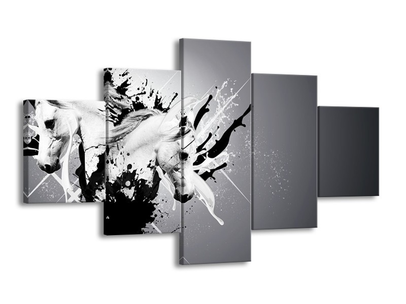 Glasschilderij Design, Paard | Zwart, Wit, Grijs | 125x70cm 5Luik