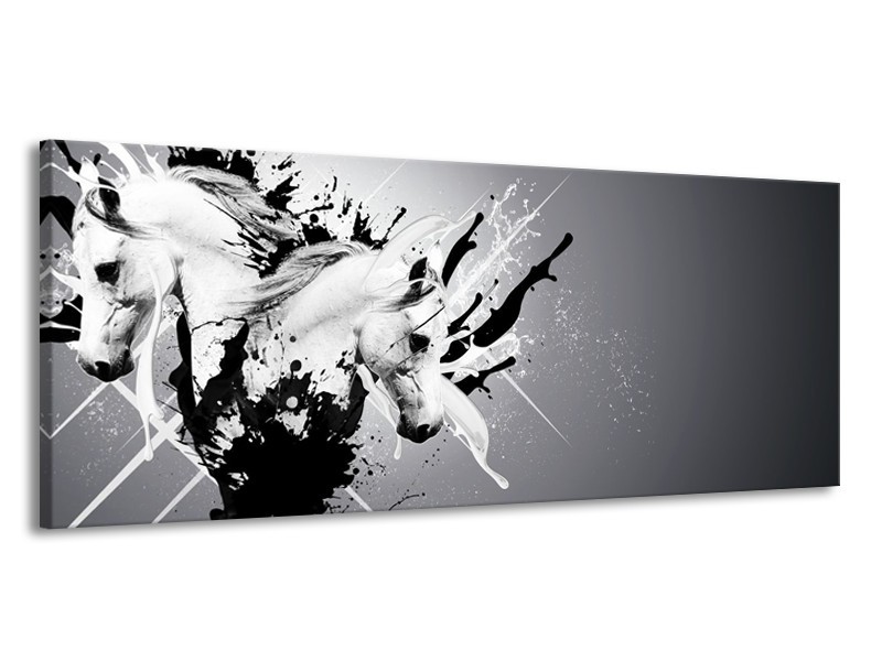 Glasschilderij Design, Paard | Zwart, Wit, Grijs | 145x58cm 1Luik