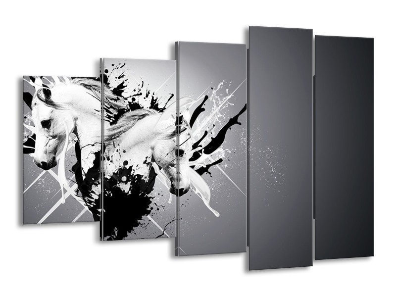 Glasschilderij Design, Paard | Zwart, Wit, Grijs | 150x100cm 5Luik