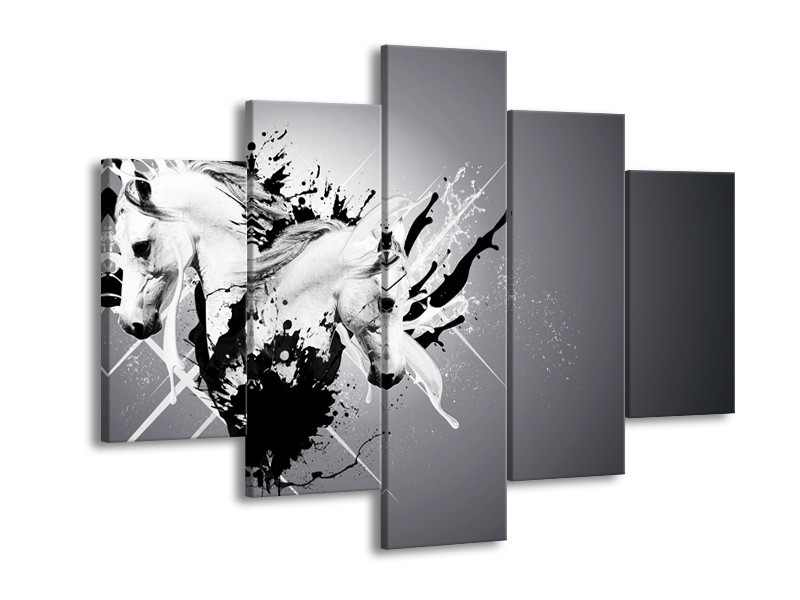 Glasschilderij Design, Paard | Zwart, Wit, Grijs | 150x105cm 5Luik